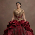 Charro-Inspired Red Quinceañera Dress with Gold Lace