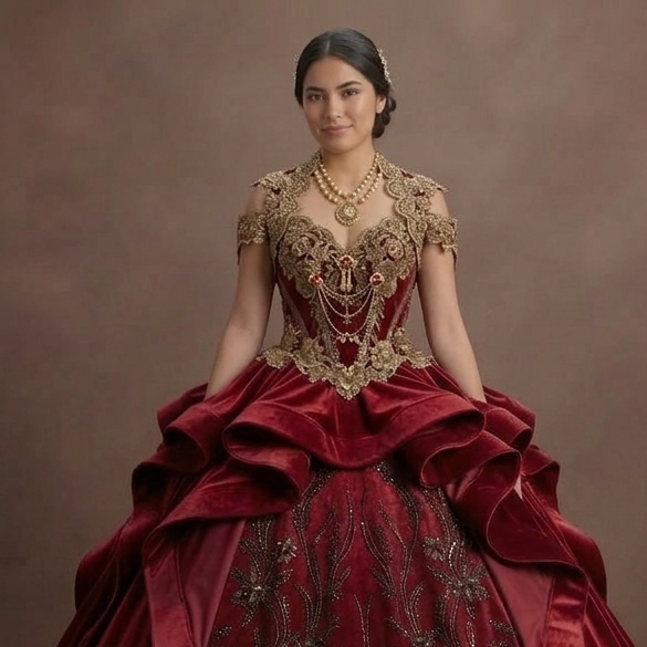 Charro-Inspired Red Quinceañera Dress with Gold Lace