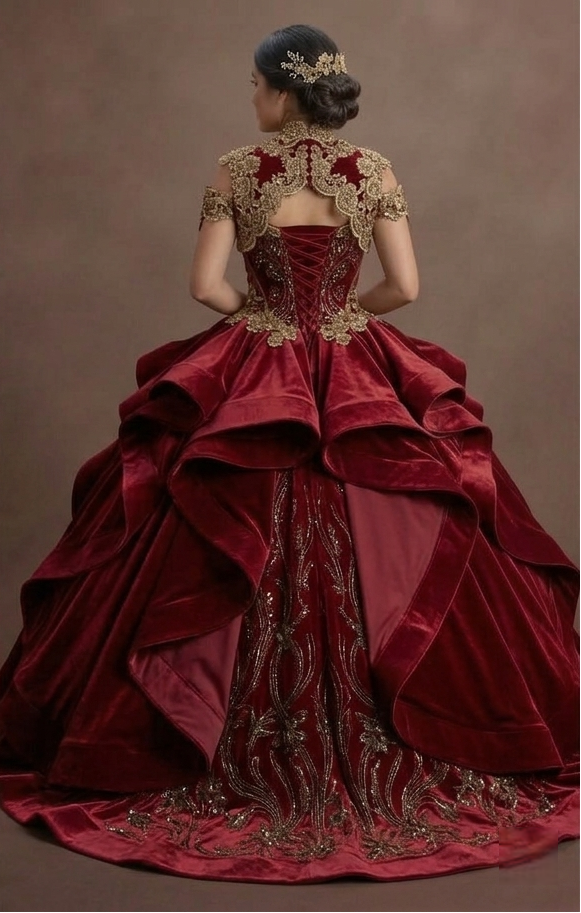 Charro-Inspired Red Quinceañera Dress with Gold Lace