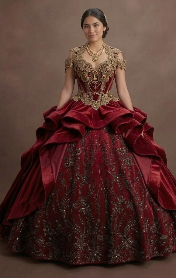 Charro-Inspired Red Quinceañera Dress with Gold Lace