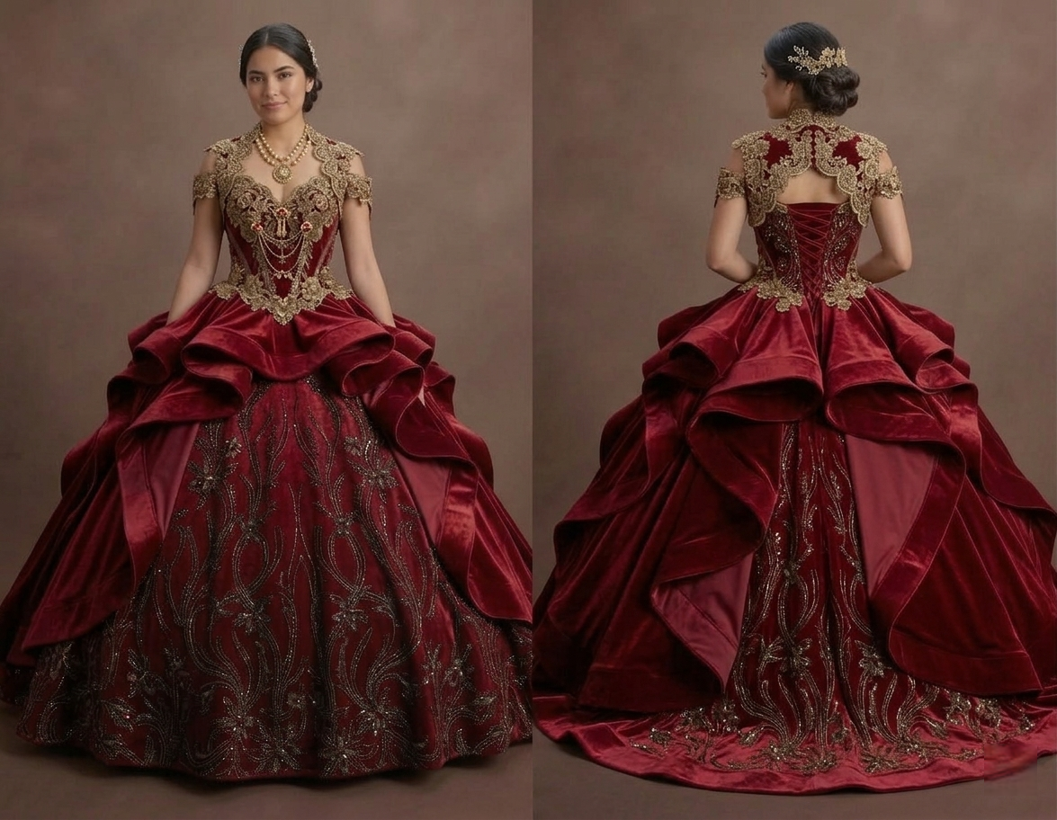Charro-Inspired Red Quinceañera Dress with Gold Lace