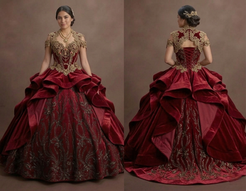 Charro-Inspired Red Quinceañera Dress with Gold Lace