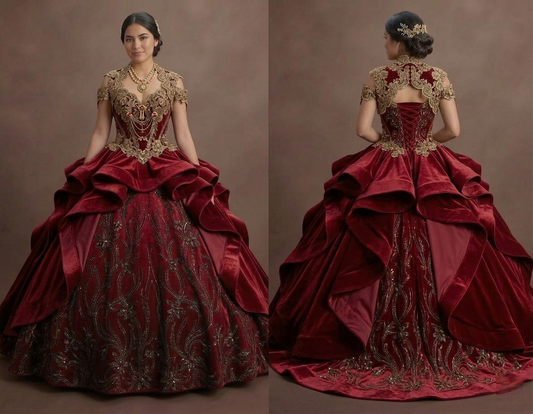 Charro-Inspired Red Quinceañera Dress with Gold Lace