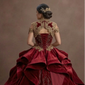 Charro-Inspired Red Quinceañera Dress with Gold Lace