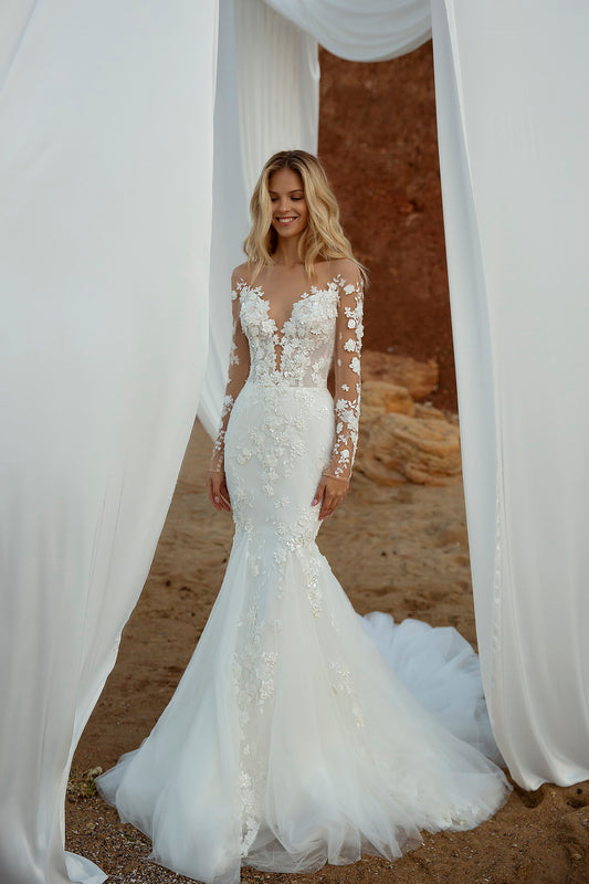 Darla Luxury 3D Floral Mermaid Wedding Dresses Long Sleeve Scoop Neck Lace Appliques Bridal Gowns Vestidos De Novia Custom