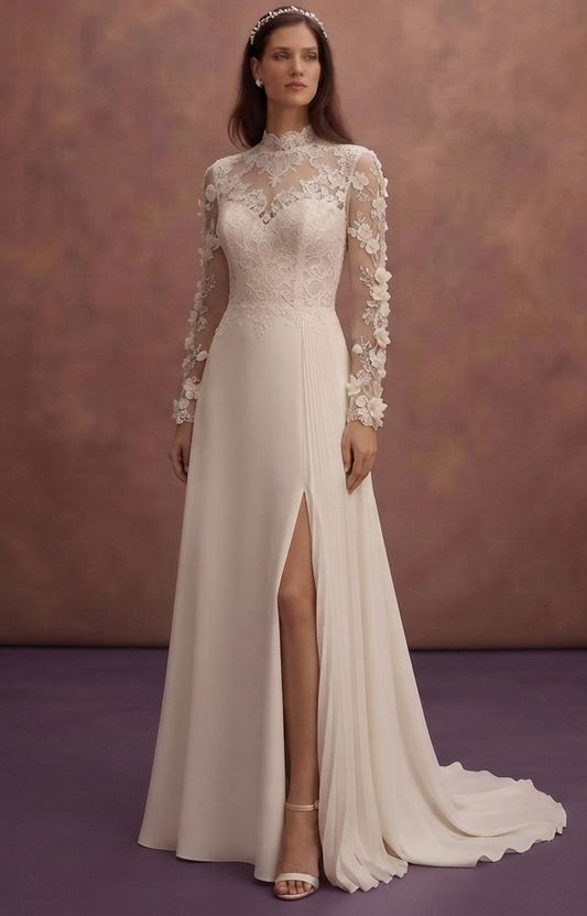 Chic Wedding Dresses with Floral Lace Sleeves