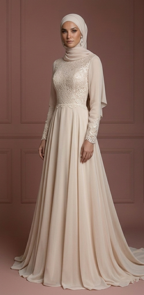 Chiffon A-Line Hijab Wedding Dress – Soft Champagne Modest Look Muslim