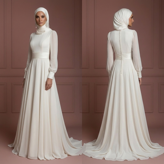 Chiffon Elegant Long Sleeve Weddding Dress – Soft Ivory Hijab Outfit Muslim