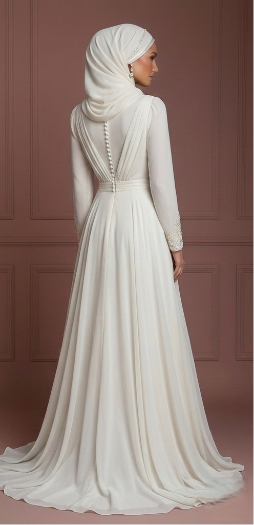 Chiffon Flowing Muslim Bridal Gown with Hijab – Perfect for Walima Wedding Dress