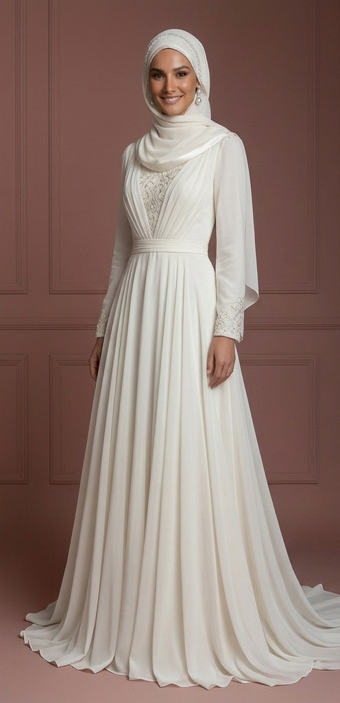 Chiffon Flowing Muslim Bridal Gown with Hijab – Perfect for Walima Wedding Dress