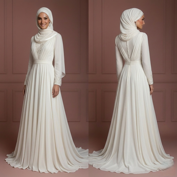 Chiffon Flowing Muslim Bridal Gown with Hijab – Perfect for Walima Wedding Dress