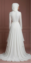 Chiffon Flowing Princess Gown – Pearl White Modest Muslim Wedding Dress