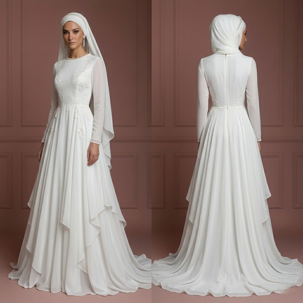 Chiffon Flowing Princess Gown – Pearl White Modest Muslim Wedding Dress