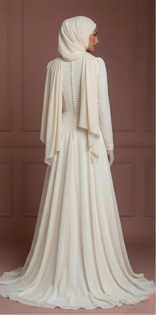 Chiffon Long Sleeve Wedding Dress – Soft Ivory Hijab Outfit Muslim