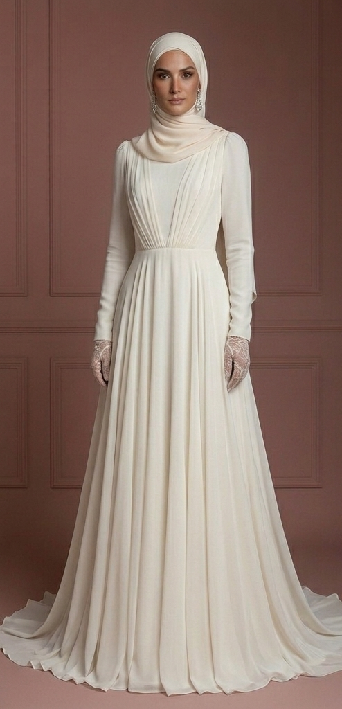 Chiffon Long Sleeve Wedding Dress – Soft Ivory Hijab Outfit Muslim