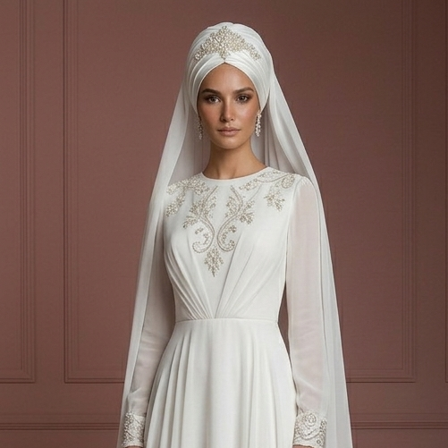 Chiffon Long Sleeve Nikah Gown – Ivory Muslim Bridal Style Wedding Dress Muslim