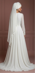 Chiffon Long Sleeve Nikah Gown – Ivory Muslim Bridal Style Wedding Dress Muslim