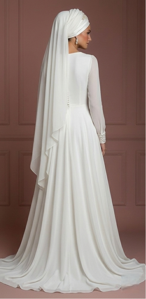 Chiffon Long Sleeve Nikah Gown – Ivory Muslim Bridal Style Wedding Dress Muslim