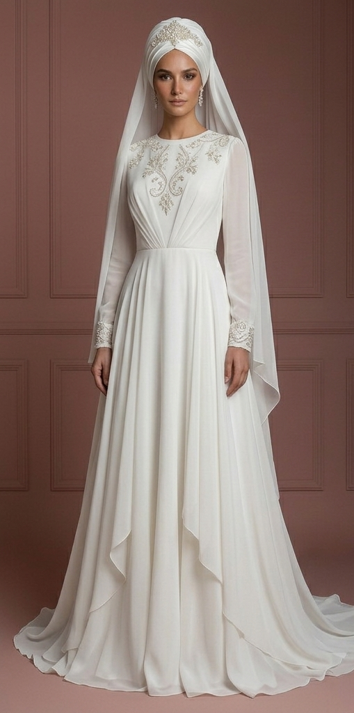Chiffon Long Sleeve Nikah Gown – Ivory Muslim Bridal Style Wedding Dress Muslim