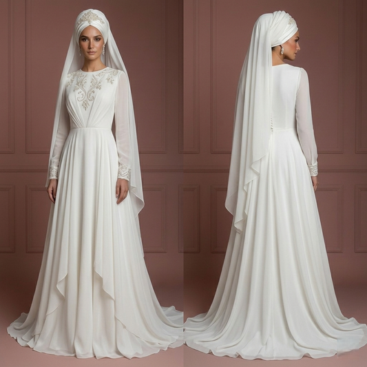 Chiffon Long Sleeve Nikah Gown – Ivory Muslim Bridal Style Wedding Dress Muslim