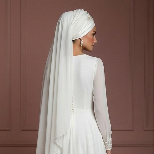 Chiffon Long Sleeve Nikah Gown – Ivory Muslim Bridal Style Wedding Dress Muslim