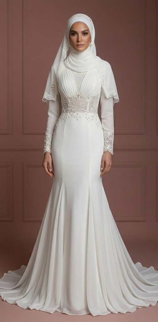 Chiffon Mermaid Hijab Wedding Dress – Pearl White Modest Outfit Muslim