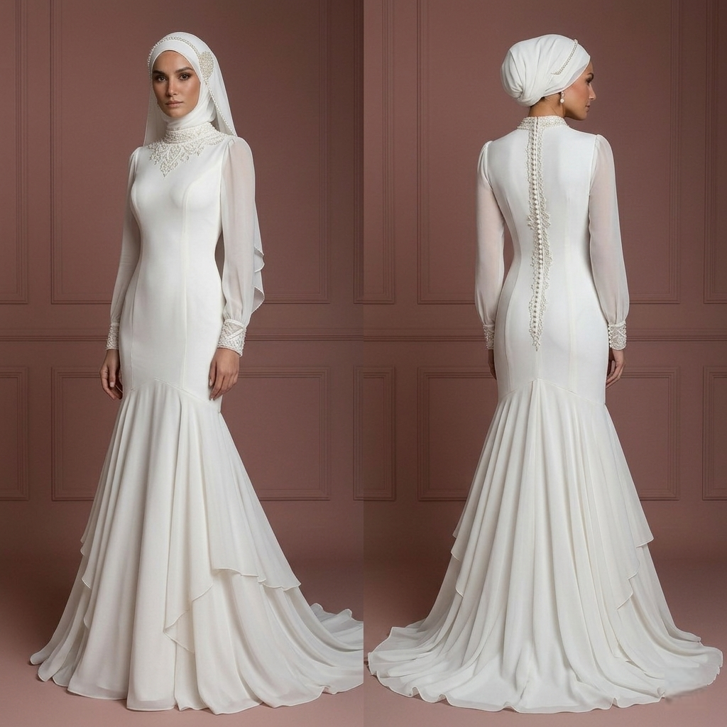 Chiffon Mermaid Wedding Dress – Pearl White Modest Hijab Bridal Look Muslim