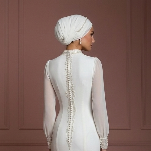 Chiffon Mermaid Wedding Dress – Pearl White Modest Hijab Bridal Look Muslim