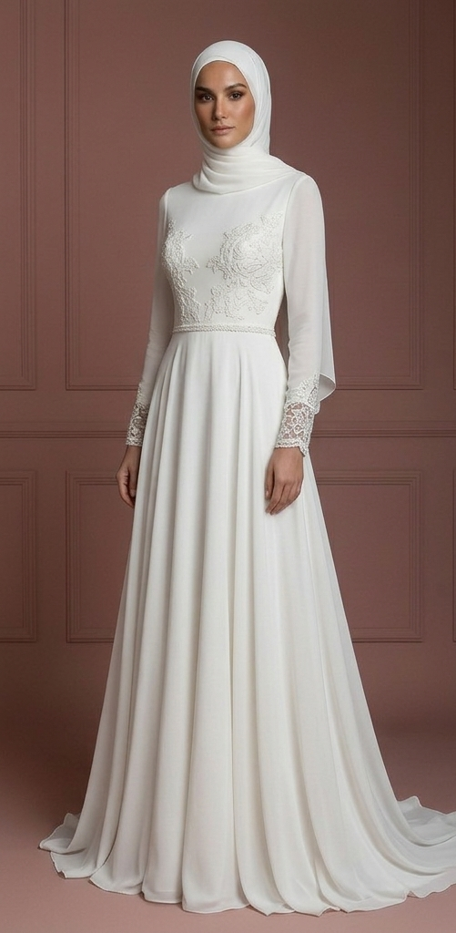 Chiffon Minimalist Hijab Wedding Dress – Ivory Nikah Outfit Muslim