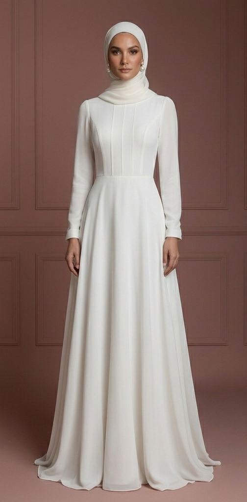 Chiffon Minimalist Nikah Wedding Dress – Soft Ivory Hijab Outfit Muslim