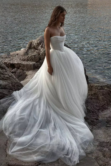 Lorie praia vestidos de casamento uma linha sem alças tule vestidos de noiva vestido de novia querida pescoço espartilho vestido de noiva