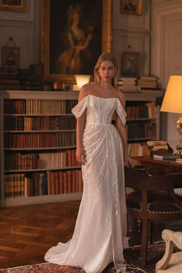 Chic Sheath Nuptial Dress with Dropped Straps, Open Neckline, Glitter Embellishments, and a Natural Waistline for a Sophisticated Bridal Look