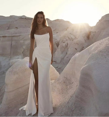 Vestidos de novia sencillos de sirena de satén suave, sin tirantes, sin mangas, con abertura lateral, vestido de novia de playa, bata de boda