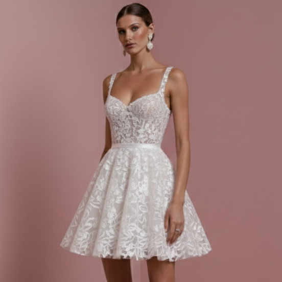 Classic Hem Wedding Dress Short Knee Length Embroidery Bridal