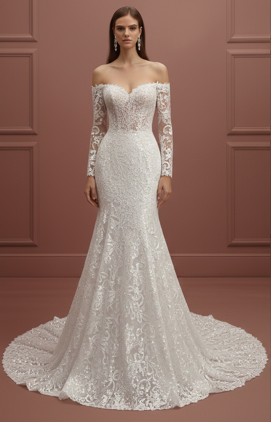Classic Train Wedding Dress Long Cathedral Length Embroidery