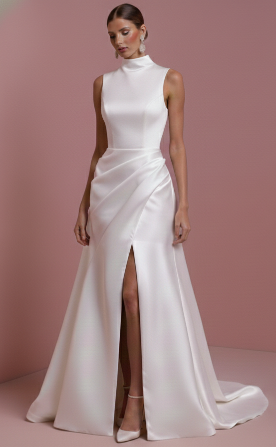 Column Crepe Wedding Dress High Long Neck Professional Bridal