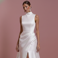 Column Crepe Wedding Dress High Long Neck Professional Bridal