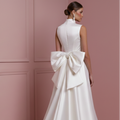 Column Crepe Wedding Dress High Long Neck Professional Bridal