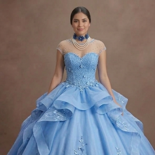 Cornflower Blue Quinceañera Dress with Floral Organza