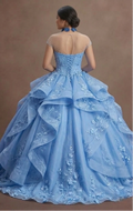 Cornflower Blue Quinceañera Dress with Floral Organza