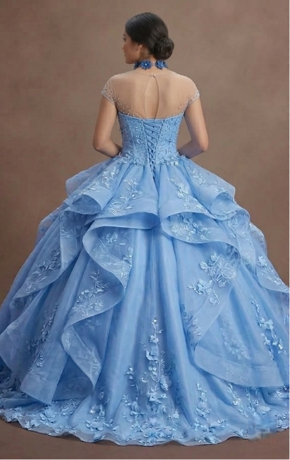 Cornflower Blue Quinceañera Dress with Floral Organza