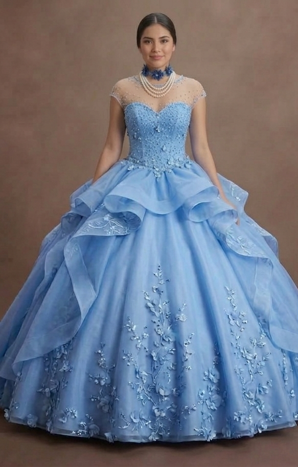Cornflower Blue Quinceañera Dress with Floral Organza