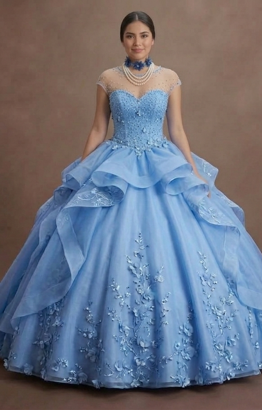 Cornflower Blue Quinceañera Dress with Floral Organza