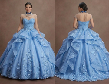 Cornflower Blue Quinceañera Dress with Floral Organza