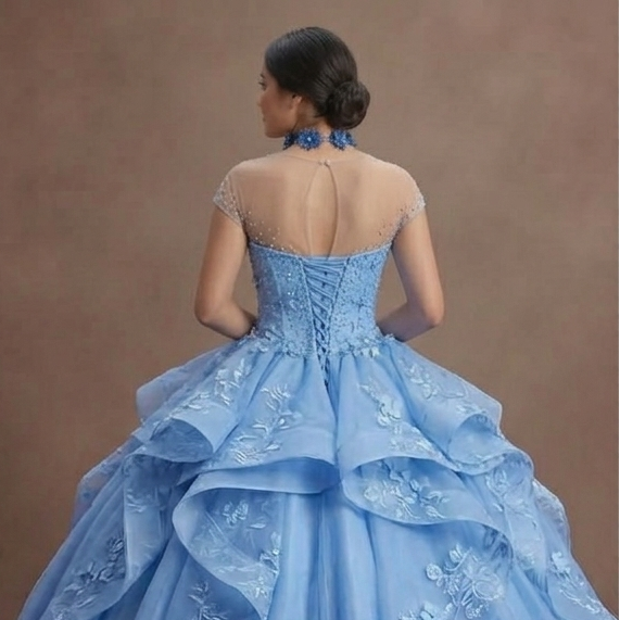 Cornflower Blue Quinceañera Dress with Floral Organza