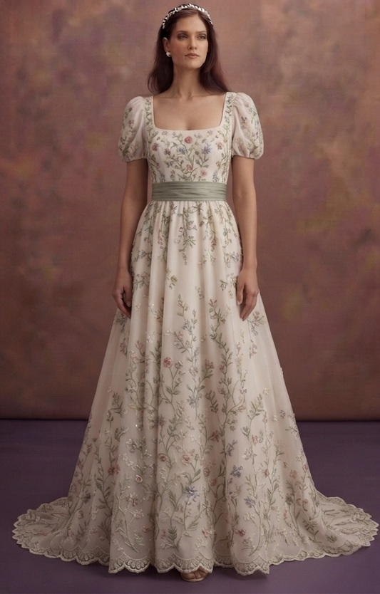 Cottage Style Wedding Dresses with Floral Embroidery