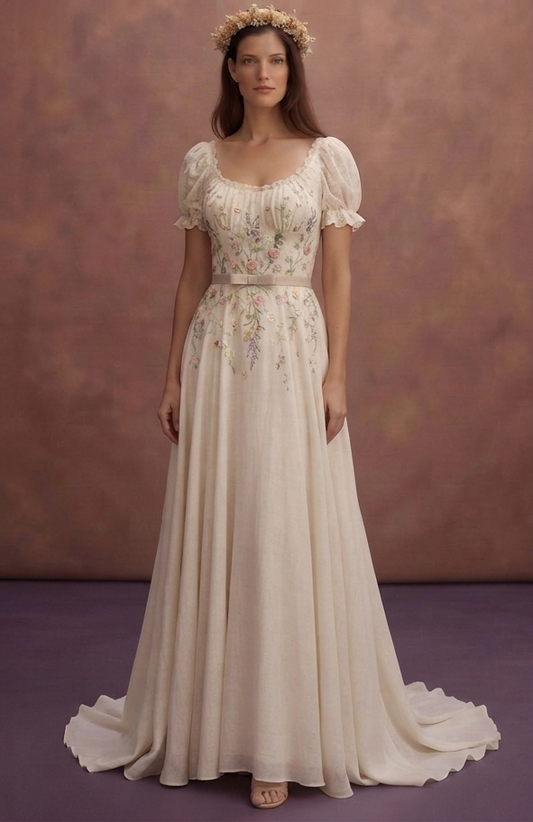 Cottagecore Wedding Dresses with Romantic Floral Embroidery
