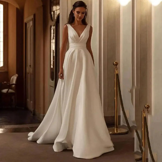 Enkla bröllopsklänningar a-line satin brudklänningar sexiga ärmlösa v-hals eleganta kläder för formella parti vestidos de novia