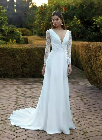 Fall In Love Store Custom Vestidos de Novia Deep V-ringen Långa ärmar Lace Appliques Wedding Dress A-Line Satin Bridal Gown
