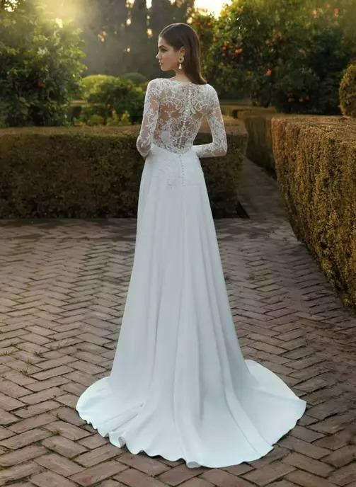 Fall In Love Store Custom Vestidos de Novia Deep V-ringen Långa ärmar Lace Appliques Wedding Dress A-Line Satin Bridal Gown